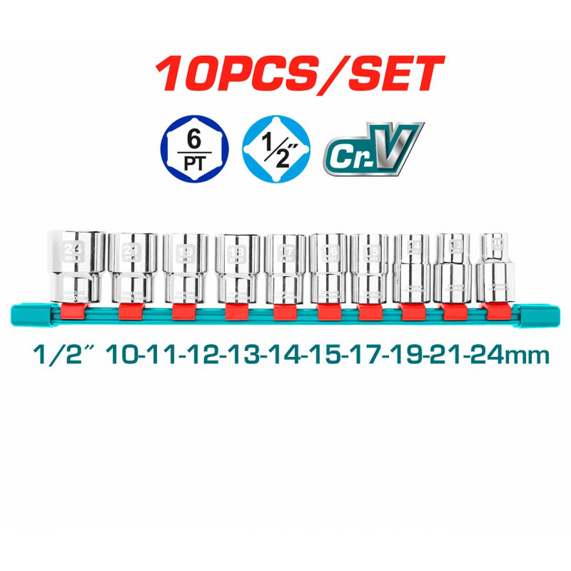 TOTAL 10 Pcs 1/2″ Socket Set Industrial Quality Model: THT121101