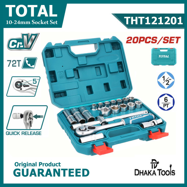 TOTAL 20pcs 1/2" Drive Socket Set | 72-Tooth Ratchet | 50BV30 Cr-V Steel | Model: THT121201