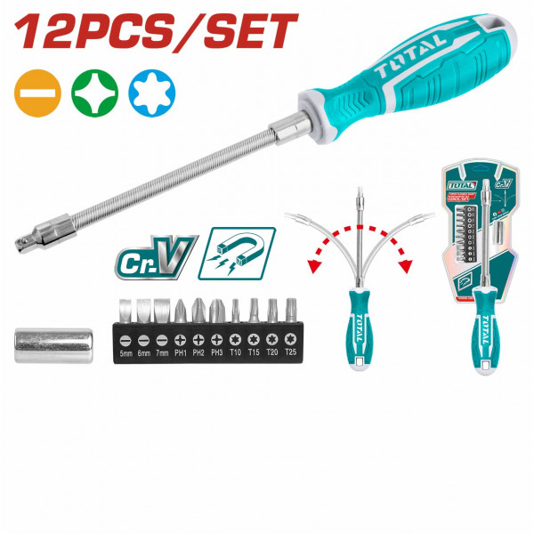 TOTAL 12Pcs Flexible Shaft Screwdriver Set Model: THT250FL1206