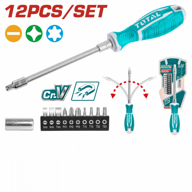 TOTAL 12Pcs Flexible Shaft Screwdriver Set Model: THT250FL1206