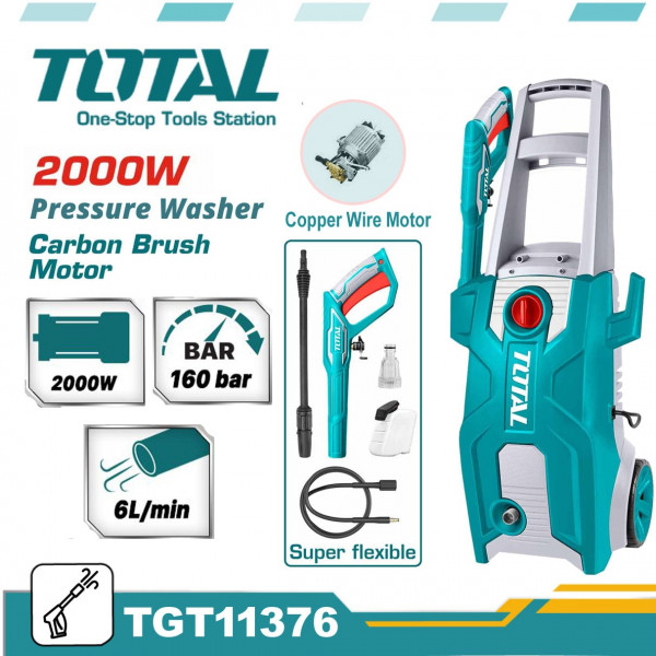 TOTAL TGT11376 High Pressure Washer – 160Bar (2320 PSI), 2000W, Powerful Car Washer