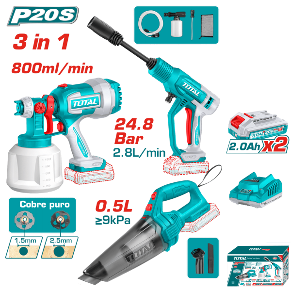 TOTAL 20V Cordless 3-Piece Combo Tools Set – Car Washer, Vacuum, Sprayer ( Model TOSLI230522 ) with 2 x 2.0Ah Batteries & Charger