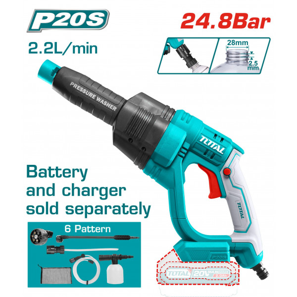 TOTAL TPWLI2008 Cordless pressure washer - 20V, 24.8 Bar, Portable Car Washer (Tool Only – Without Battery & Charger)