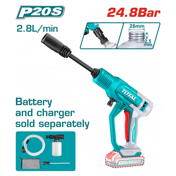 TOTAL TPWLI2036 Cordless Pressure Washer – 20V, 24.8 Bar, Portable Car Washer (Tool Only – Without Battery & Charger)