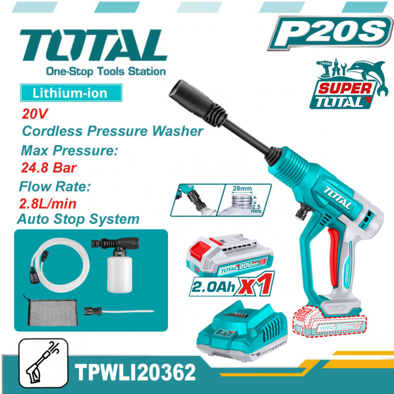 TOTAL TPWLI20362 Cordless pressure washer 24.8Bar, Car washer with battery & charge; 20V, 2.0Ah 