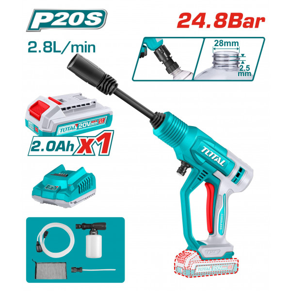 TOTAL TPWLI20362 Cordless pressure washer 24.8Bar, Car washer with battery & charge; 20V, 2.0Ah 