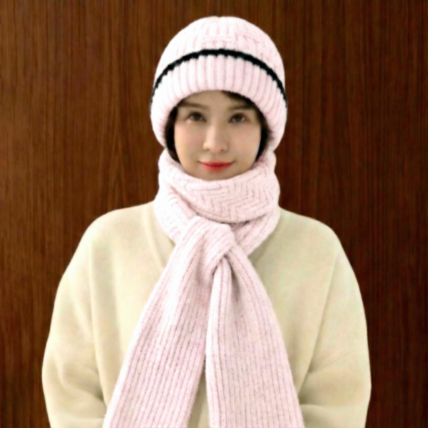 Windproof Cap with Scarf (Light Pink & Black)