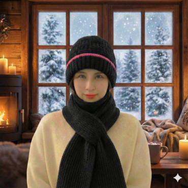 Windproof Cap with Scarf(Black & Pink)