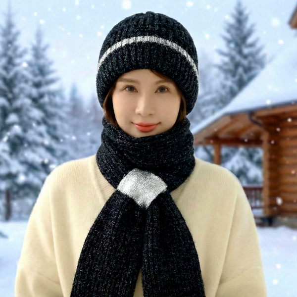 Windproof Cap with Scarf (Black & Silver )