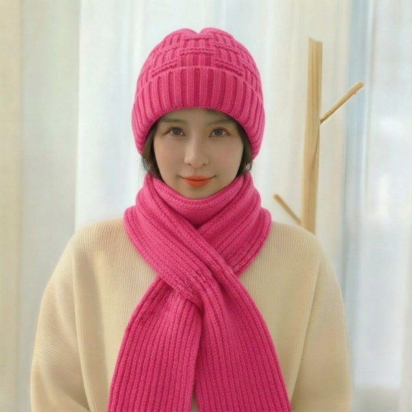 Windproof Cap with Scarf (Dark Pink)