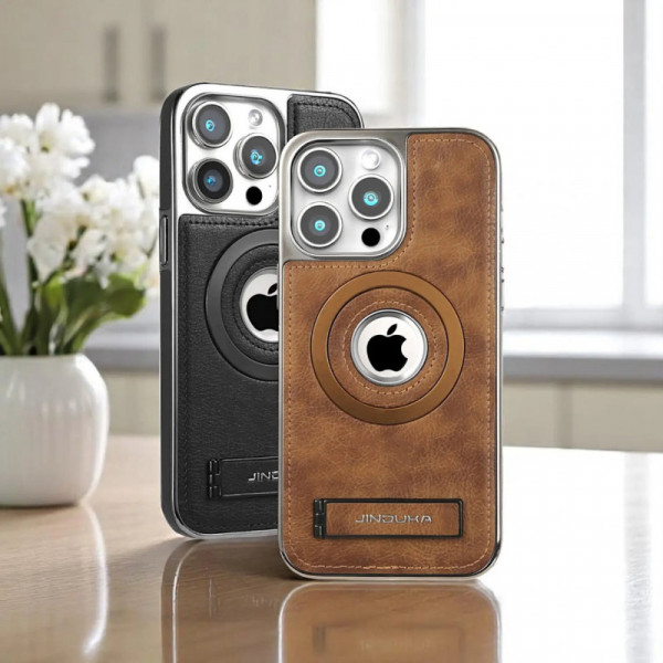 JINDUKA PU Leather Metal MagSafe With Kickstand Case For iPhone