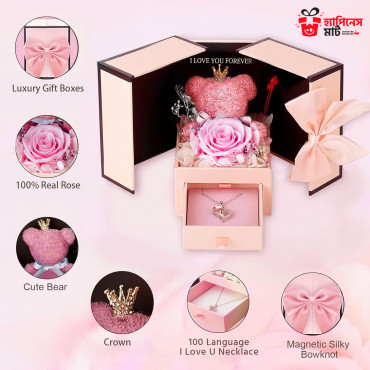 গাছের গোলাপের টেডি স্পেশাল নেকলেস গিফট সেট। Real Rose Teddy Special Gift Set