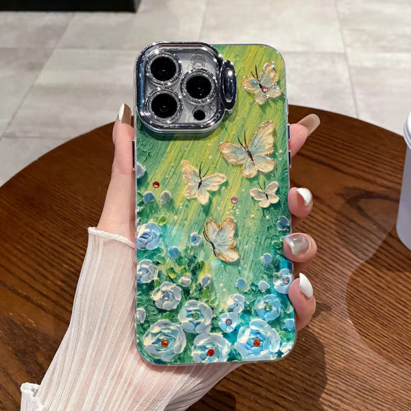 Luxury Butterfly Oil Painting with Lens Protection Holder Shockproof Bumper Cover