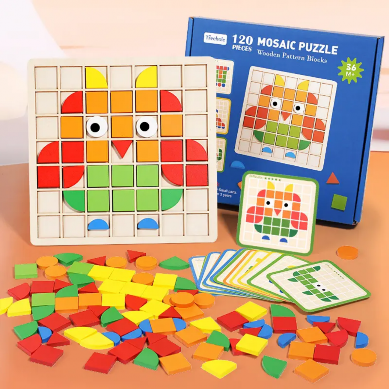 120Pcs Montessori Wooden Mosaic Puzzle, Jigsaw Puzzle Board Set for kids