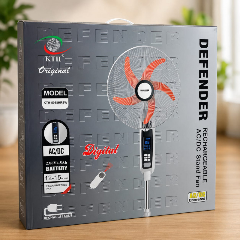 Defender Rechargeable AC/DC Stand Fan 18 Inch with Remote & Digital Display