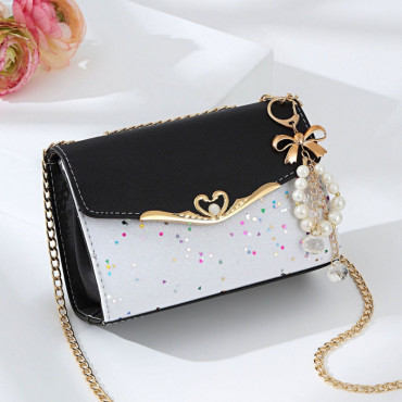 Golden Chain Strap Ladies Designer Bags Bowknot-decoration CrossBody Messenger Girls Fashion Confetti Purse Handbags (Black)