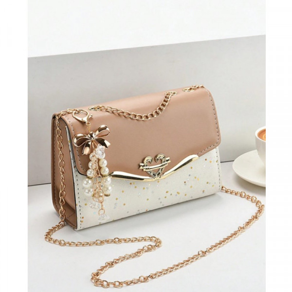 Golden Chain Strap Ladies Designer Bags Bowknot-decoration CrossBody Messenger Girls Fashion Confetti Purse Handbags (Khaki)