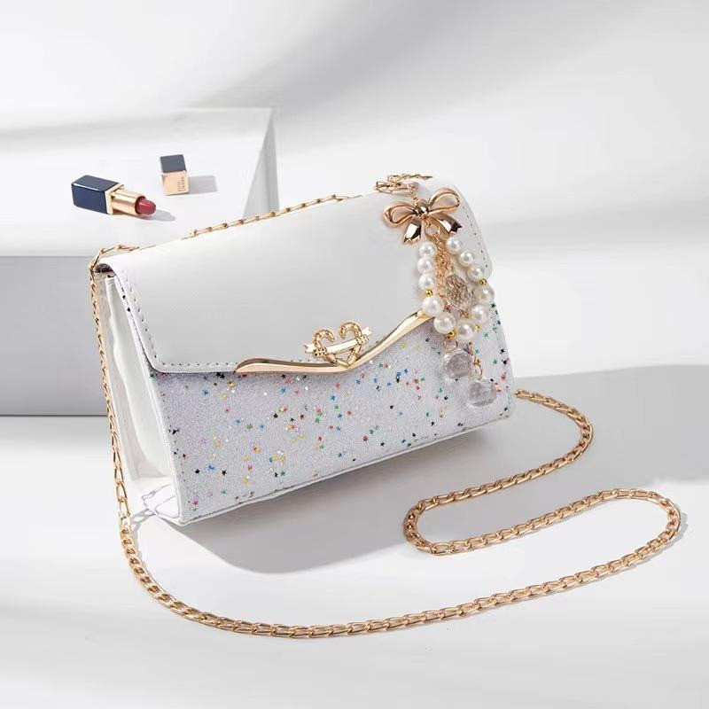 Golden Chain Strap Ladies Designer Bags Bowknot-decoration CrossBody Messenger Girls Fashion Confetti Purse Handbags (White)