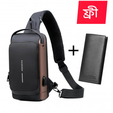 USB Charging Shoulder Bag(Brown) +Wallet