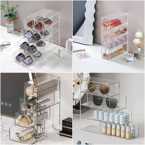 4 Layer Clear Acrylic Sliding Cosmetics Drawer Case Sunglass Storage