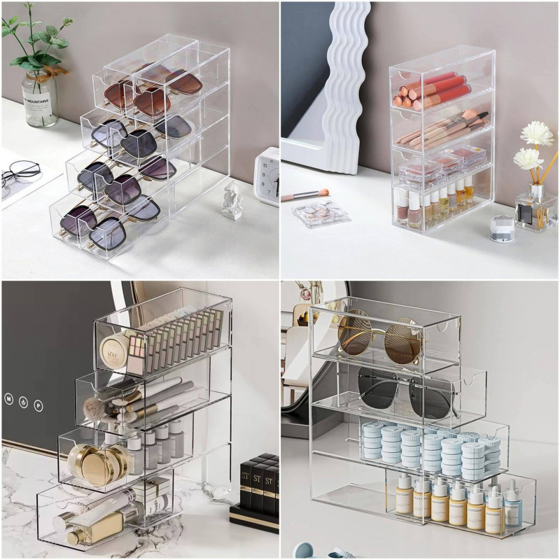 4 Layer Clear Acrylic Sliding Cosmetics Drawer Case Sunglass Storage