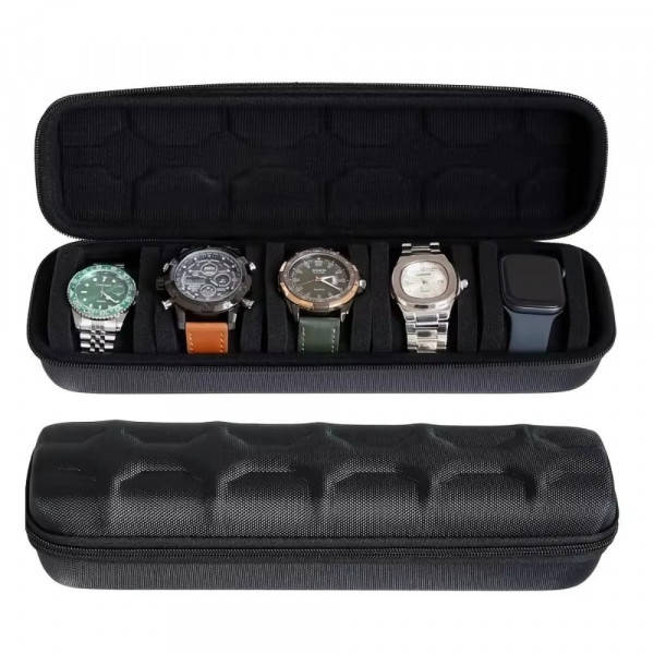 5-Slot Watch Travel Box, Hard Shell with Soft Pillow & Handle, for Men Women