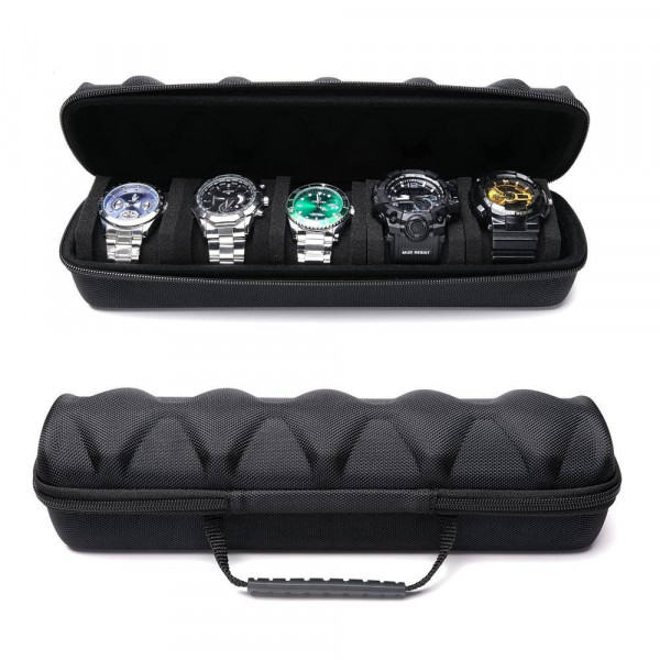 5-Slot Watch Travel Box, Hard Shell with Soft Pillow & Handle, for Men Women