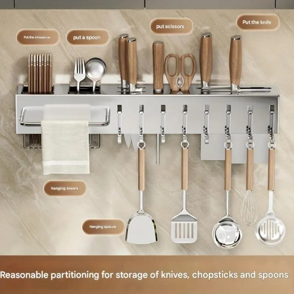 Multifunctional Stainless Steel Wall Mounted Storage Rack, Integrated Perforated Home Kitchen Storage Rack
