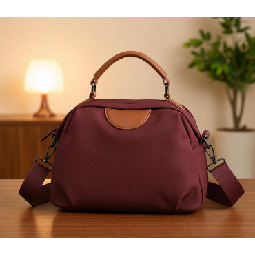 New Portable Nylon Cloth with Cowhide Shoulder Bag( Maroon)