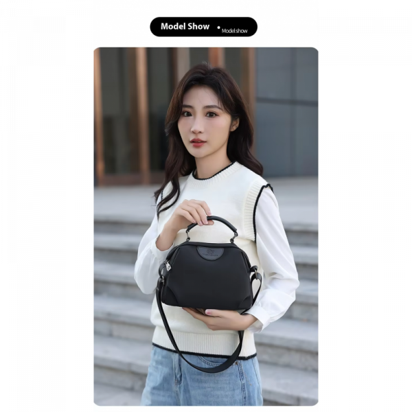 New Portable Nylon Cloth with Cowhide Shoulder Bag (Black)