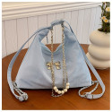 Soft Leather Korean Style Pearl Chain Shoulder Bag(Blue)