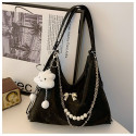 Soft Leather Korean Style Pearl Chain Shoulder Bag(Black)