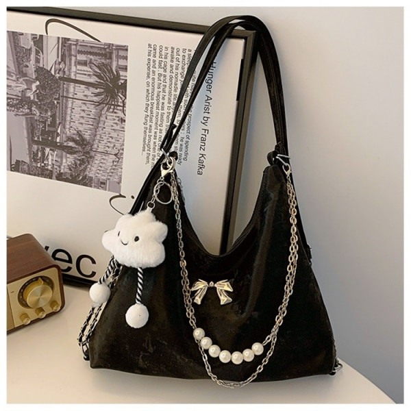 Soft Leather Korean Style Pearl Chain Shoulder Bag(Black)
