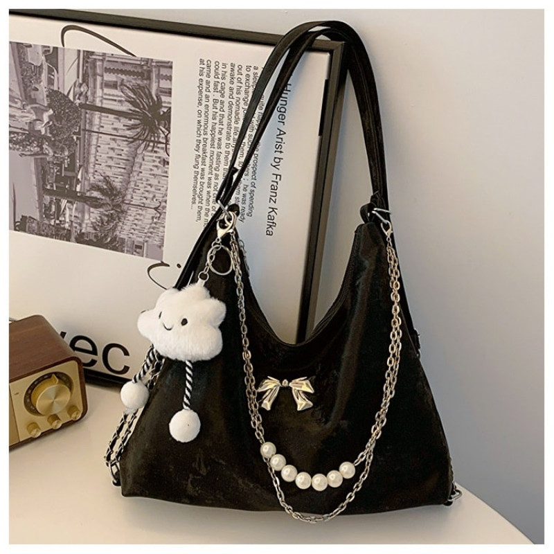 Soft Leather Korean Style Pearl Chain Shoulder Bag(Black)