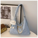 Soft Leather Korean Style Pearl Chain Shoulder Bag(Blue)