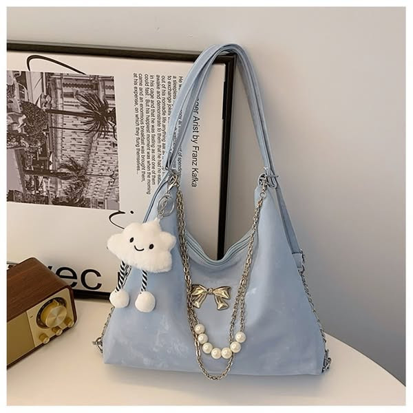 Soft Leather Korean Style Pearl Chain Shoulder Bag(Blue)