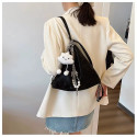 Soft Leather Korean Style Pearl Chain Shoulder Bag(Black)