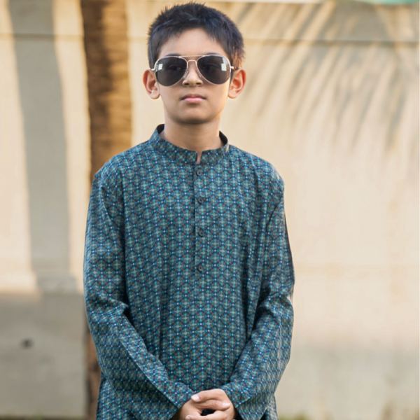 Blue Blended Cotton Printed Panjabi for Boys