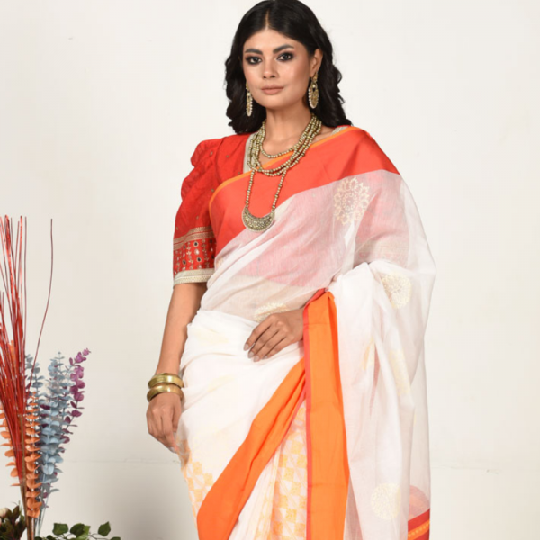 White Half Silk Printed Saree