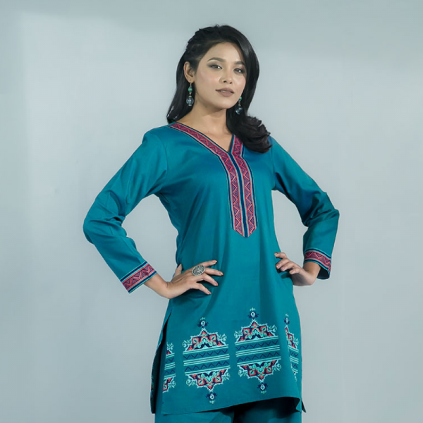 Teal Blue Cotton Printed Top With Palazzo