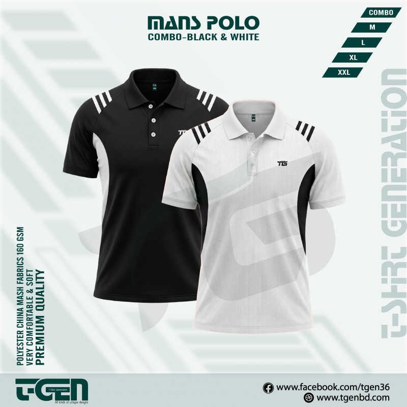 2PC Premium Comfort Mash Polo T-Shirt Combo -White & Black