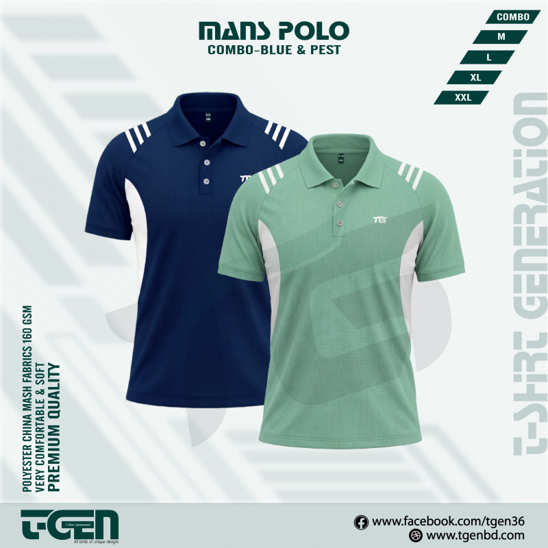 2PC Premium Comfort Mash Polo T-Shirt Combo -Blue & Pest
