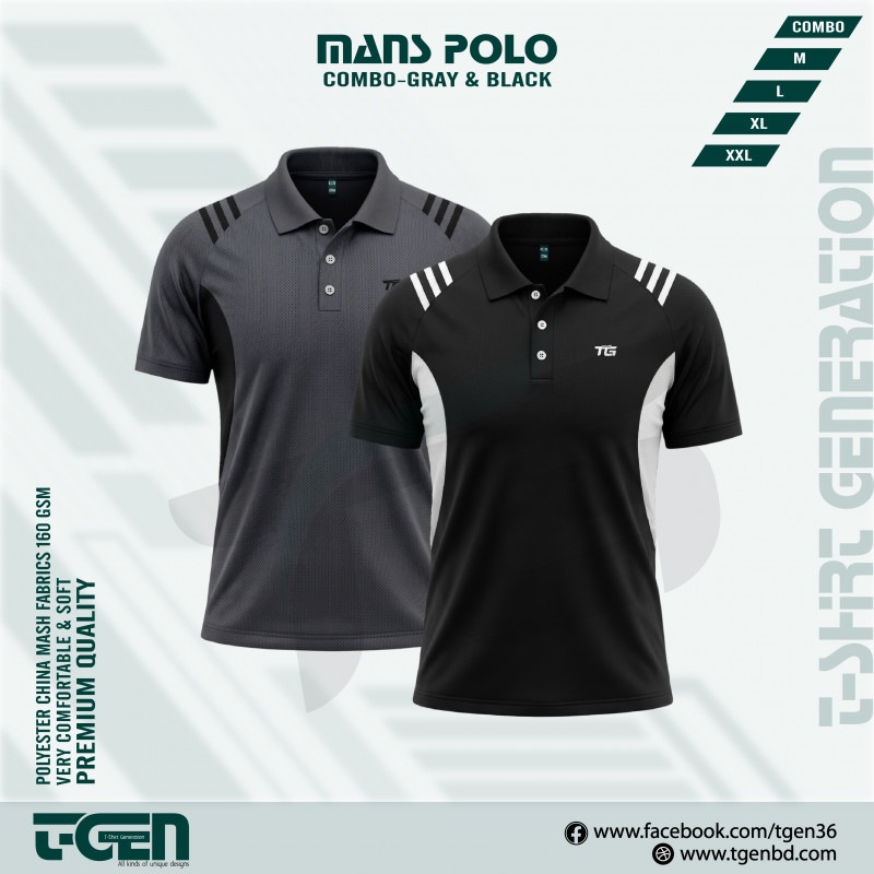 2PC Premium Comfort Mash Polo T-Shirt Combo -Gray & Black