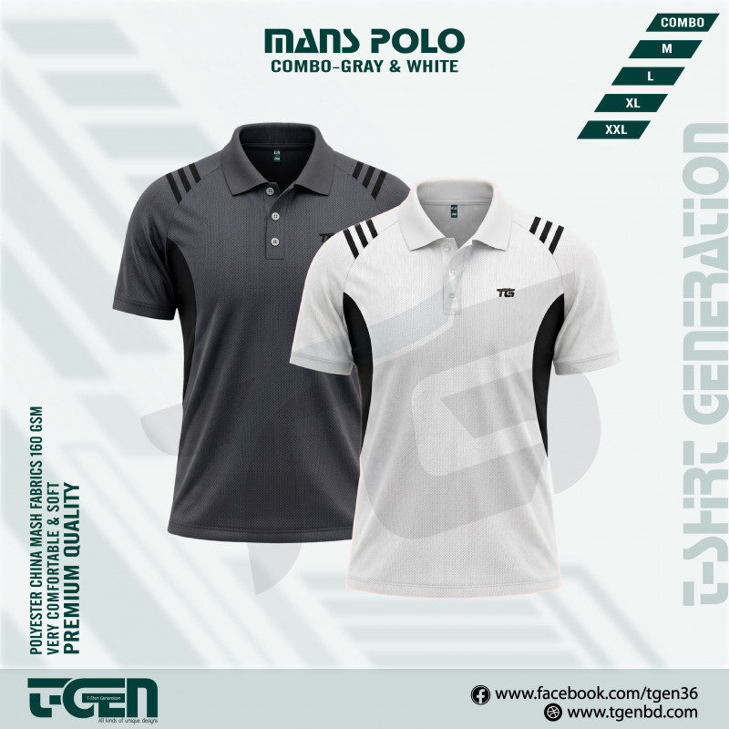 2PC Premium Comfort Mash Polo T-Shirt Combo -Gray & White