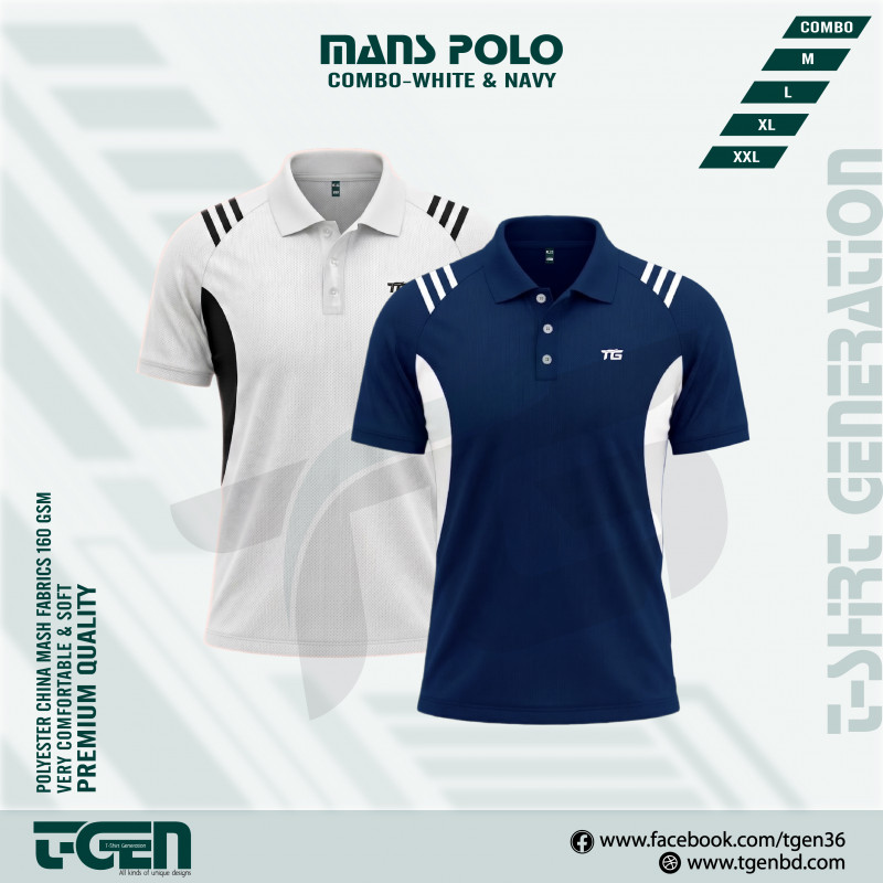 2PC Premium Comfort Mash Polo T-Shirt Combo -White & Navy