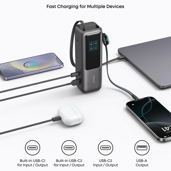 Anker Laptop Power Bank 25K mAh 165W, Built-In and Retractable Cables with Smart Display (A1695).