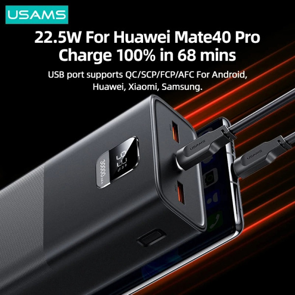 USAMS-AT 65W Yattu Series Fast Charging Kit 30000mAh Power Bank with PD 100W Type-C to Type-C Cable.