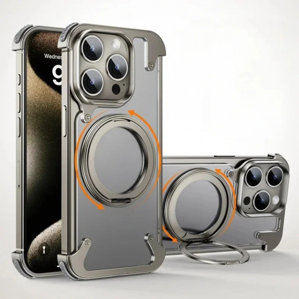 Creative Aluminum Metal Corner Bumper Frameless Phone Cover With Rotatable Ring Stand Phone Case for iPhone