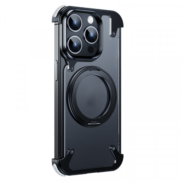Creative Aluminum Metal Corner Bumper Frameless Phone Cover With Rotatable Ring Stand Phone Case for iPhone