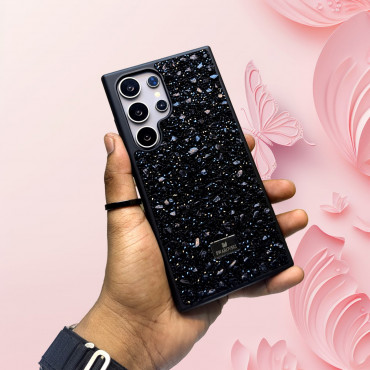 Swarovski Glossy Black Stone Side Bumper Rubber Case For Samsung Galaxy S24-Ultra S23-Ultra S22-Ultra